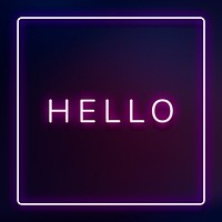 Glowing neon HELLO typography on a dark purple background