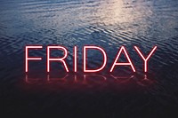 Psd FRIDAY red neon word typography on sea background