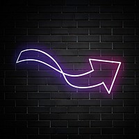 Neon pink wavy arrow sign on brick wall