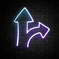 Neon purple two direction arrow sign on brick wall
