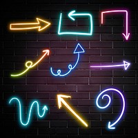 Neon arrows sign set on brick wall