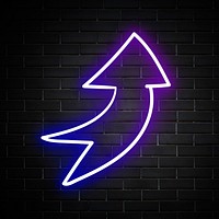 Neon purple curved arrow sign on brick wall