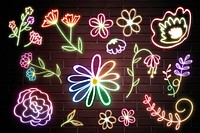 Neon wild flowers psd glowing botanical doodle mixed