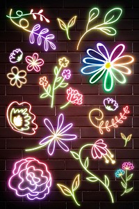 Glowing flower and leaf neon sign psd set