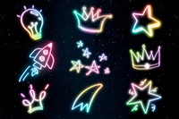 Psd colorful doodle glow neon icon element set