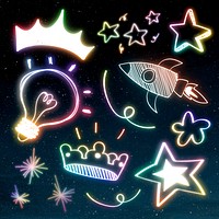 Glow rainbow neon doodle psd illustration set