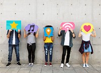 Teenagers covering their faces with social media icons