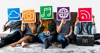 Diverse people with music and social media icons