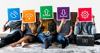 Group of diverse friends holding technology icons