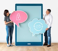 Couple holding email security speech bubbles