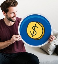 Young man holding a dollar icon