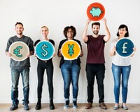 Diverse people holding financial icons