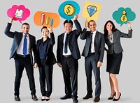 Business people holding speech bubbles with financial icons