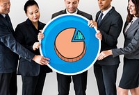 Business people holding a pie chart icon