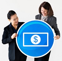 Businesswomen holding a financial icon