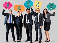 Business people holding speech bubbles with financial icons
