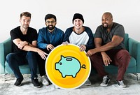 Group of diverse men with a piggy bank icon