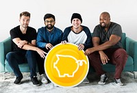 Group of diverse men with a piggy bank icon