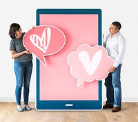 Couple dating online holding heart icons