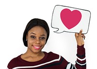 Woman holding speech bubble with heart icon