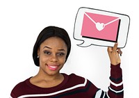 Woman holding speech bubble with love letter
