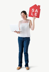 Woman holding a house sale icon and a laptop