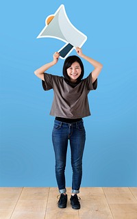 Cheerful woman holding a megaphone icon