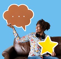 Woman holding a speech bubble and star icon