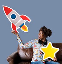 Cheerful woman holding rocket and star icons