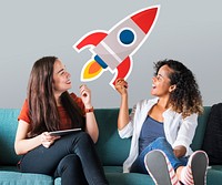 Cheerful women holding a rocket icon