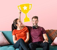 Cheerful couple holding a trophy icon