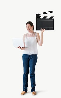 Standing woman holding a clapper and a laptop