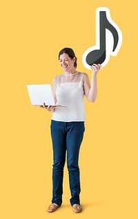 Woman holding a musical note and a laptop<br />