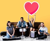 Band of musicians holding a heart emoticon<br />