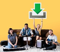 Band of musicians holding a download icon