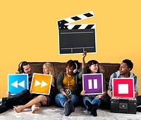 People holding media player icons and a clapper icon