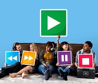 People holding media player icons and a play icon