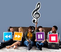 People holding media player icons and a musical note