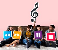 People holding media player icons and a musical note