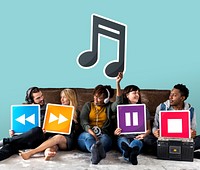 People holding media player icons and a musical note