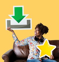 African American woman holding a download icon