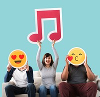 Positive emoticons and a musical note icon