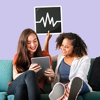 Young female friends holding a frequency icon