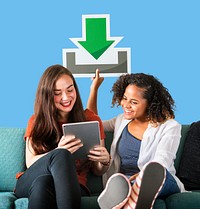Young female friends holding a download icon