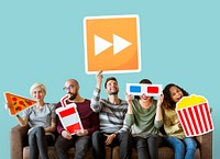 Group of diverse friends holding movie emoticons