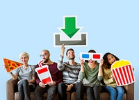 Group of diverse friends and movie download concept