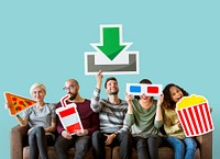 Group of diverse friends and movie download concept