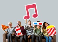 Group of diverse friends holding movie emoticons