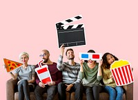 Group of diverse friends holding movie emoticons