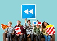 Group of diverse friends holding movie emoticons